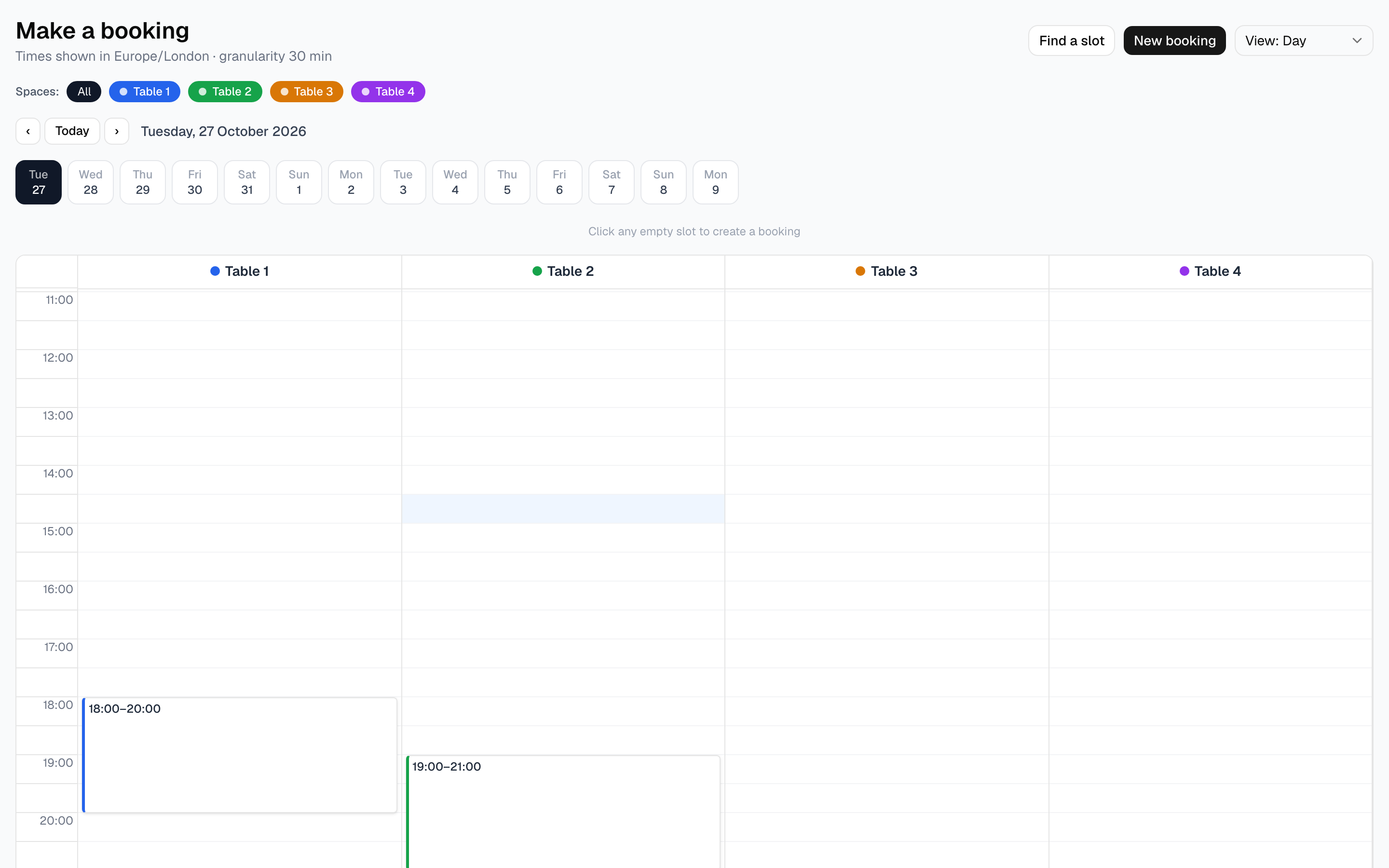 The booking calendar showing four snooker tables with bookings in the evening (desktop)