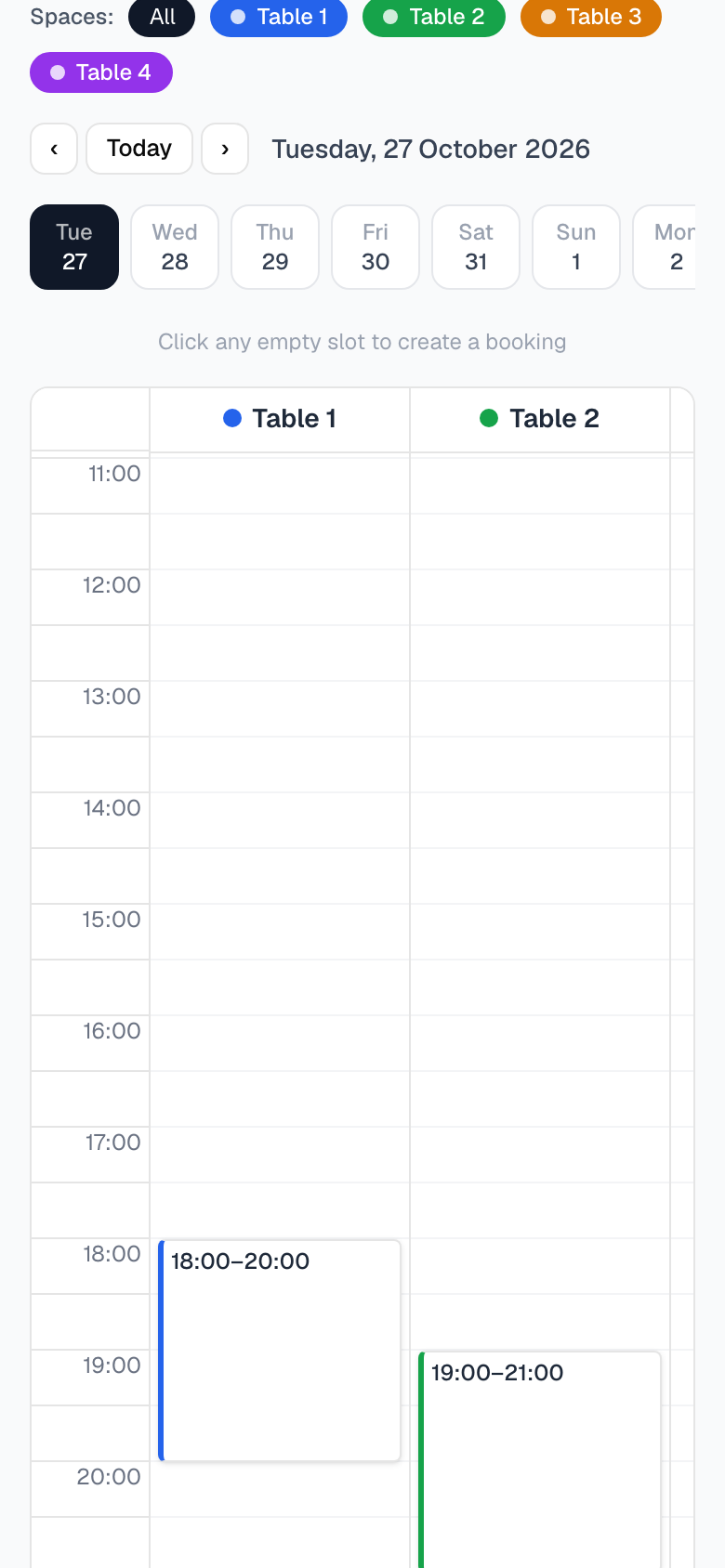 The booking calendar showing four snooker tables with bookings in the evening (mobile)