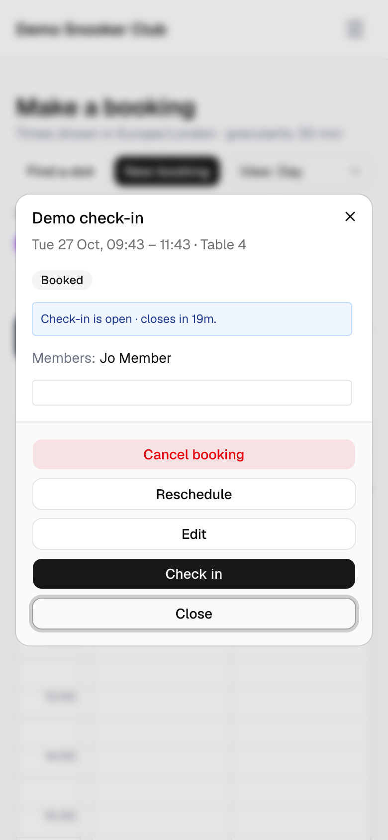 A booking with an open check-in window and a Check in button (mobile)