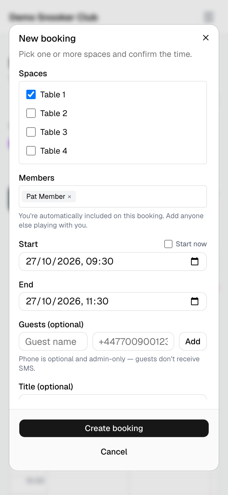 The new booking form with a second member selected to play (mobile)